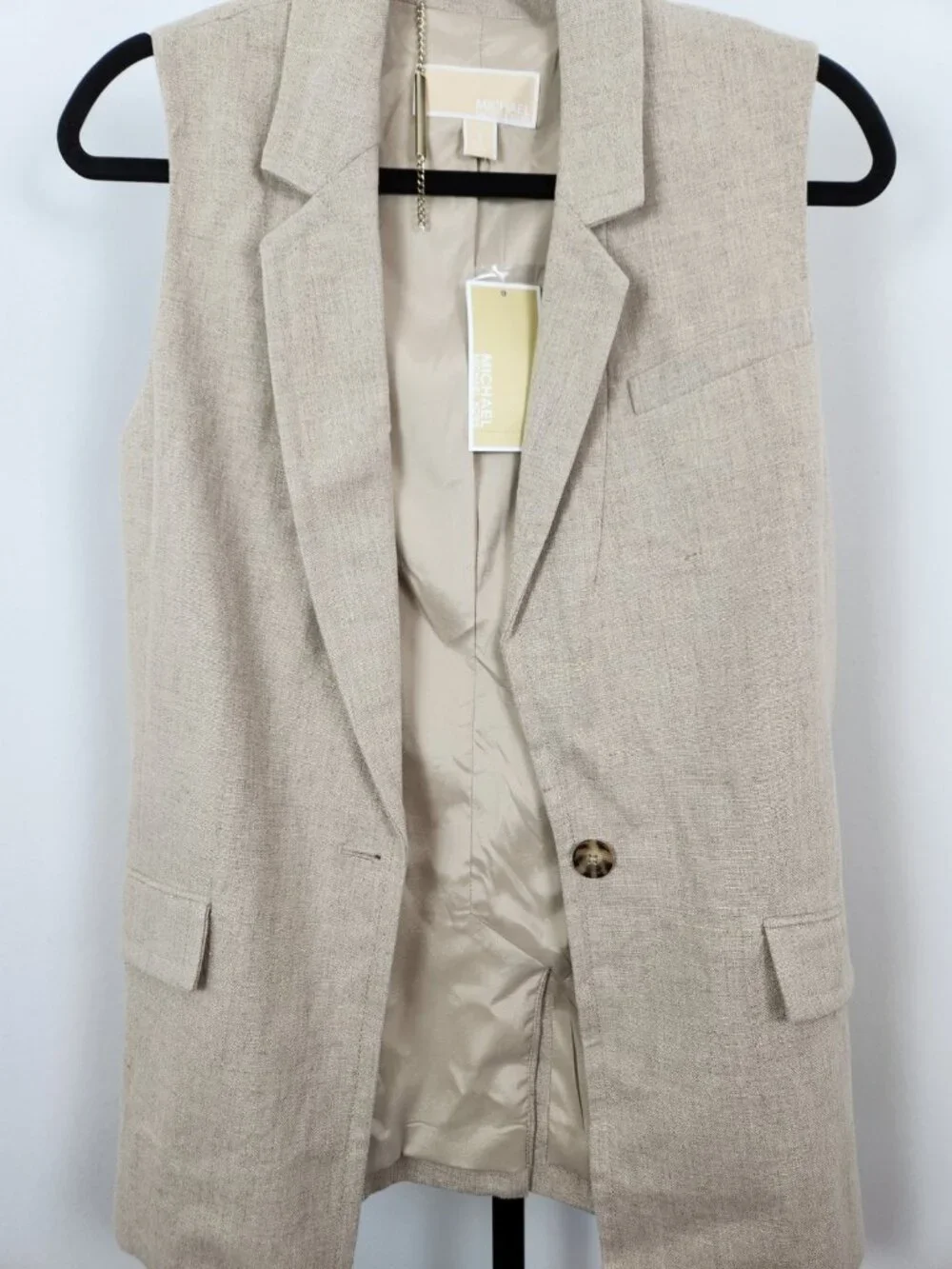 Michael Kors Two Piece Women's Lined Tuxedo Style Vest Linen Pant Set-Tan-SZ 4/S